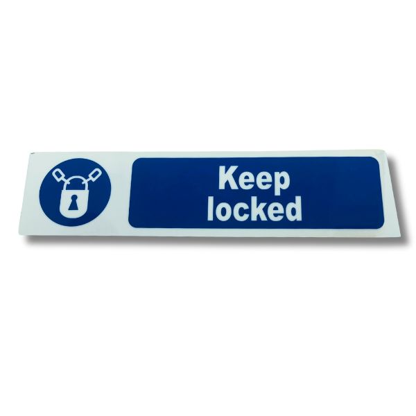 Peelable "Keep Locked" sign - Blue Background, 200 x 50mm