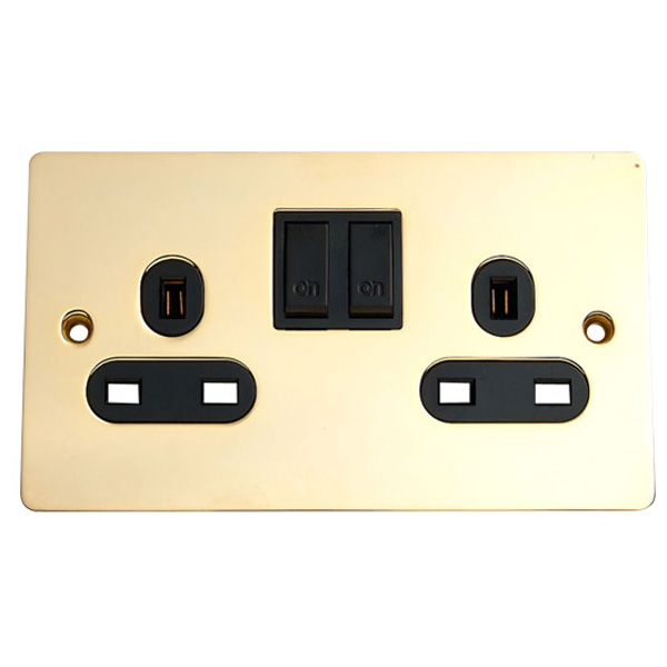 2-Gang Switched Wall Socket, 13 Amp Flat Brass/ Black Insert