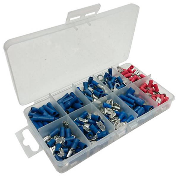 Assortment of Insulated Wiring Connectors, Including Male, Female, Bullet, Red & Blue, 100 Pieces in a 10 Compartment Carry Case